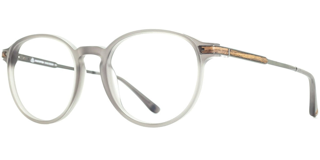 Kulatý tvar brýlí s dřevěnou stranicí v šedé barvě. Novinka v oční optice Ocuway v Brně
