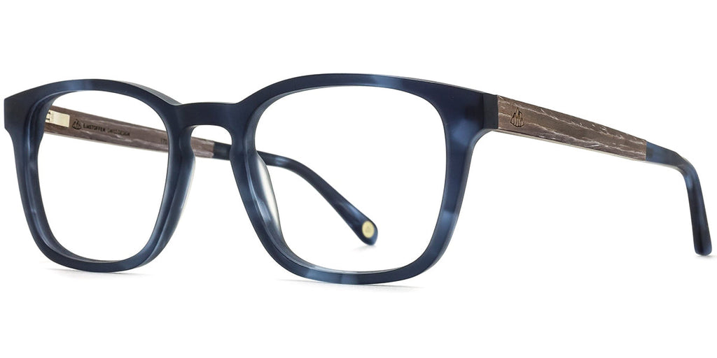 Optika Brno. Hranaté brýle v modré barvě s dřevěnou stranicí.